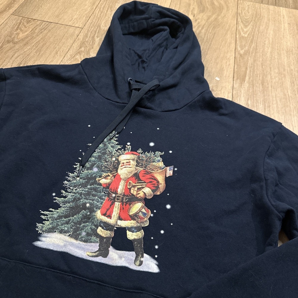 Denim & Flower Men's Vintage Santa Claus Hoodie Blue Christmas‎ Tree Size Medium